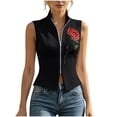 thumbnail image 2 of Karymi Womens Workout Tops Red Rose Print Sleeveless Vest, Stand Collar Full Zip Front Slim Fitted Cropped Waistcoat, Casual Layering Jacket Workout Tops for Women, 2 of 8