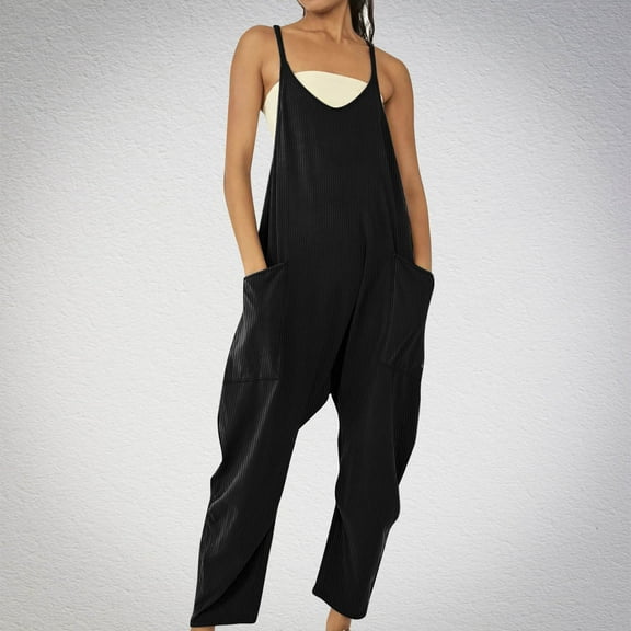 Baikeli Women's Clearance Casual Rompers for Women 2024 Summer Jumpsuits Sleeveless Outfits Ribbed Spaghetti Strap Overalls with Pockets Rompers for Women 2024 Dressy