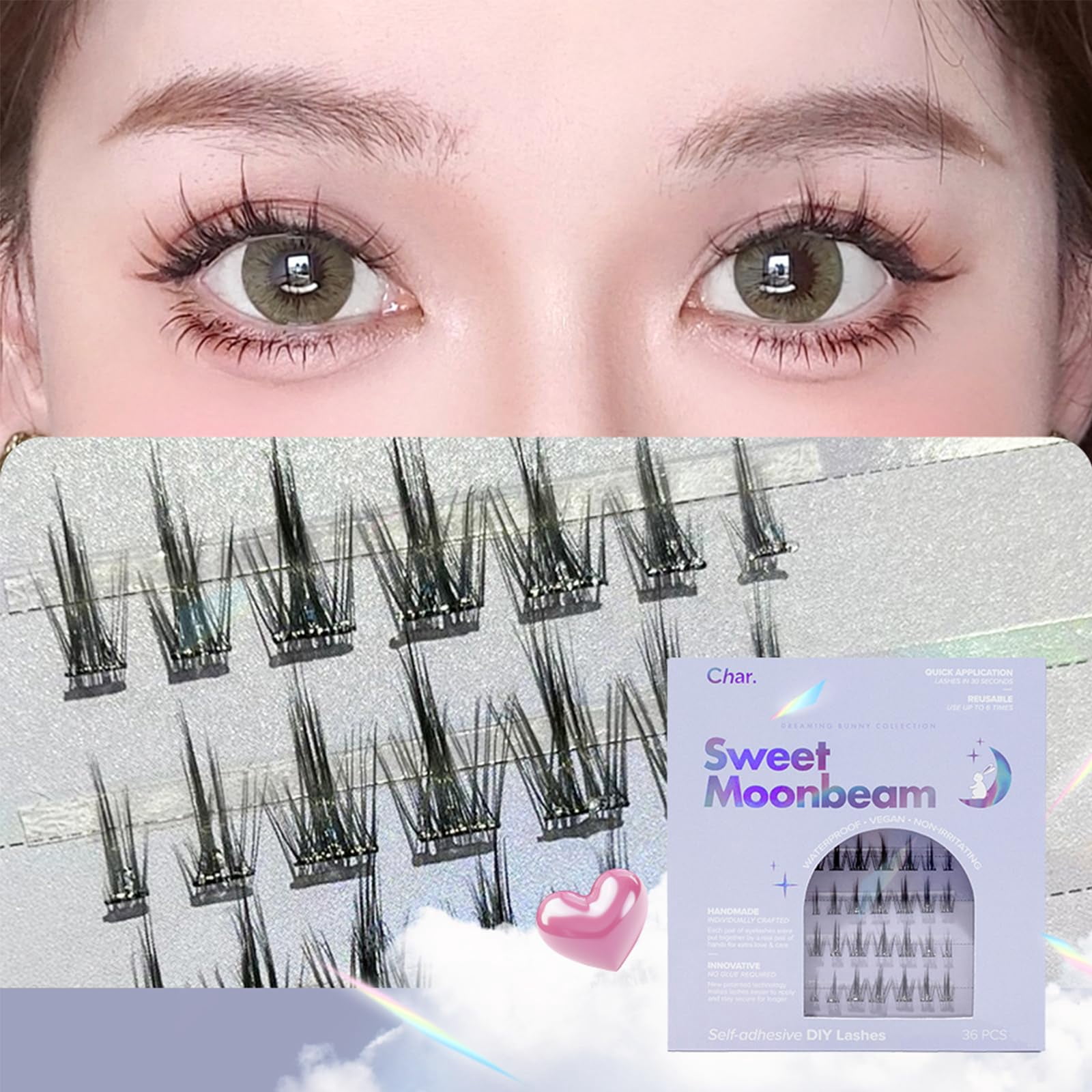 Char Cosmetics Eye Lashes - Sweatproof, Natural Look False Eyelashes - Reusable Fake Eyelashes for Comfortable Fit - Sweet Moonbeam - 36 pc C63