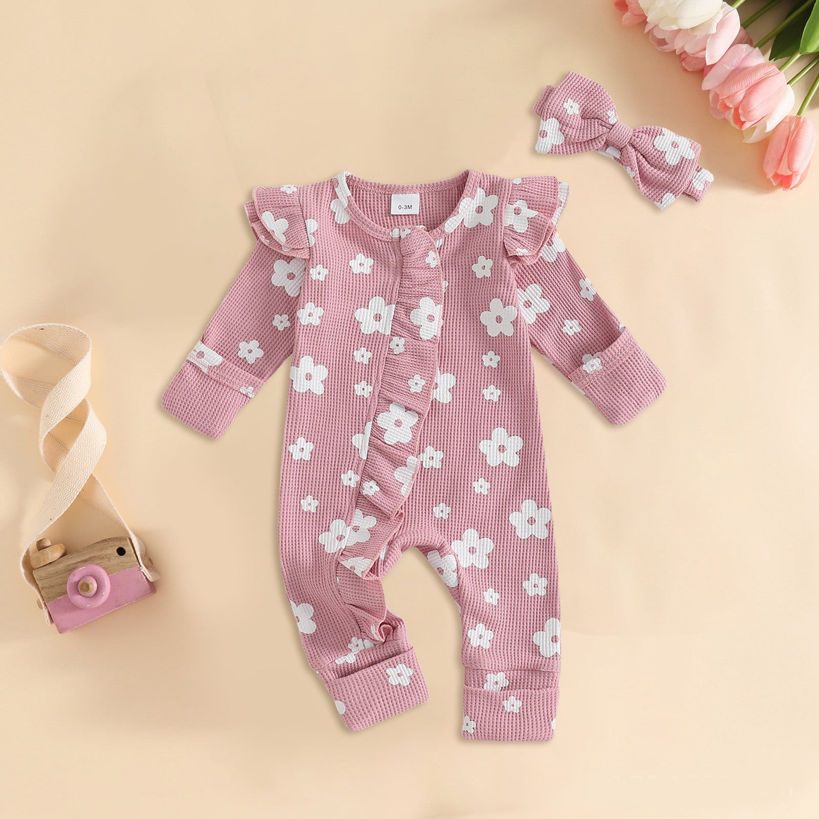 CAICJ98 Newborn Baby Girl Fall Winter Outfits Infant Clothes Knit Jumpsuit for Baby Girl Ruffle Romper Newborn Coming Home Outfit for Baby Girl (Pink,9-12 Months)
