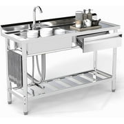 Stainless Steel Utility Sink, 47.2'' Free Standing Single Bowl Kitchen Sink with Left Right, Cold and Hot Water Pipe, Indoor and Outdoor for Laundry Room Farmhouse Kitchen(47.2 inch)