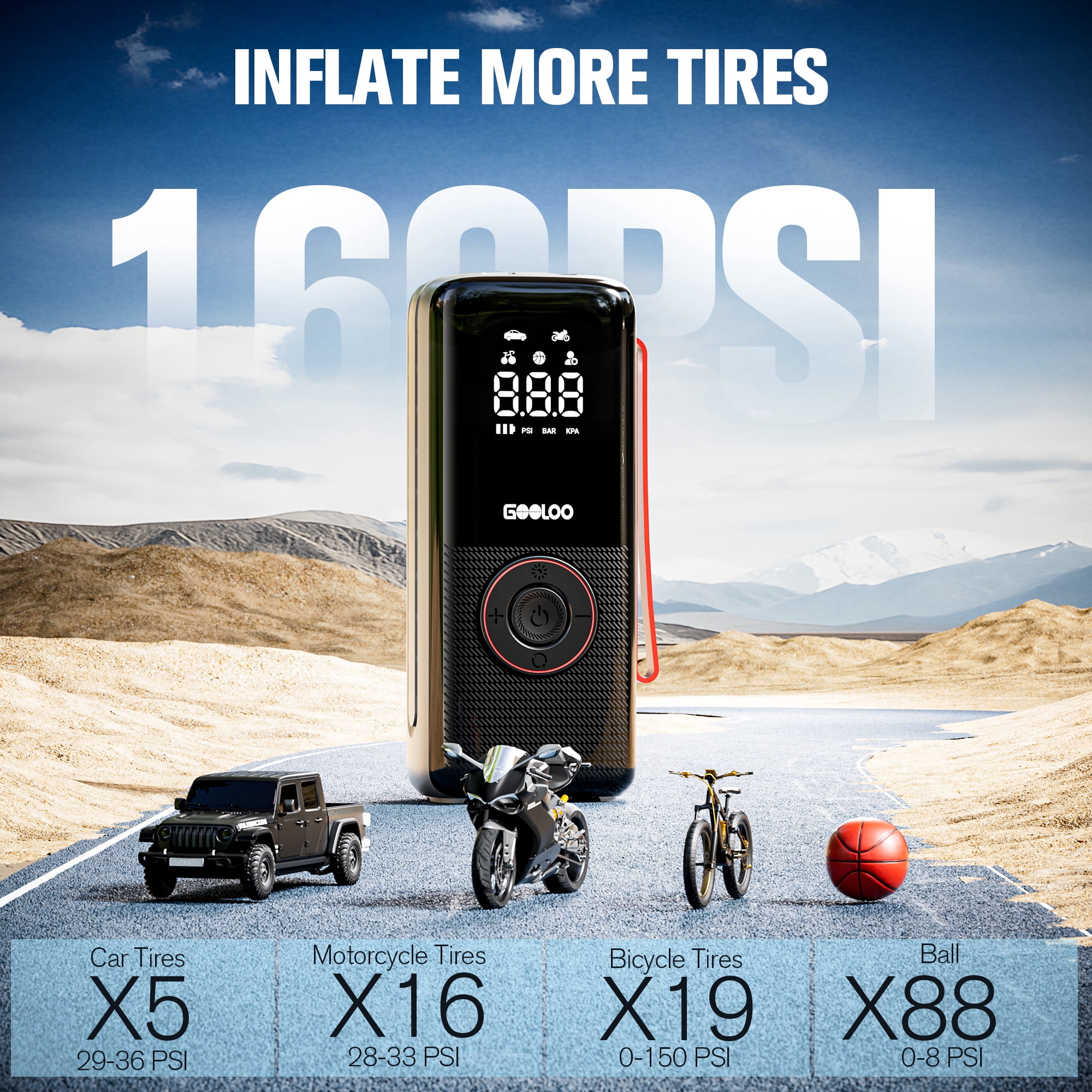 GOOLOO A6 LITE Tire Inflator Portable Air Compressor, 160 PSI, 7500mAh, 3X Faster Air Pump for Car Tires, with Tire Pressure Gauge for Motorcycle, E-Bike, Ball, SUV