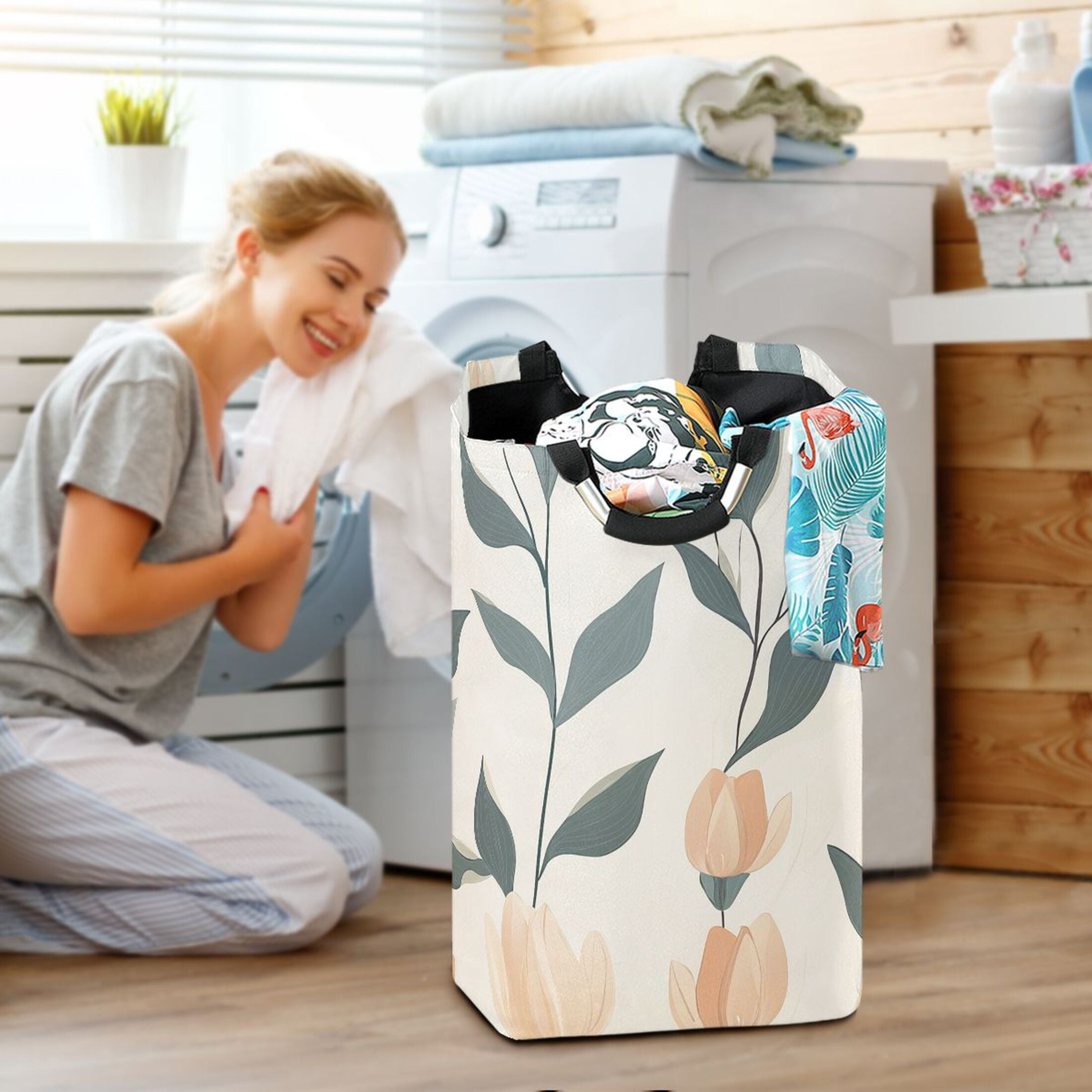 Pastel Flower Stems Foldable Laundry Hamper 12.6x11x22.7in with Handles for Bathroom Bedroom Storage