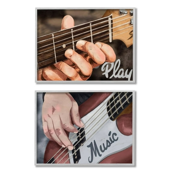 Stupell Industries Play Music Phrase Guitar String Strummer Hands Framed Wall Art Design by Marcus Prime, 2 Piece, 16" x 20", Gray Framed