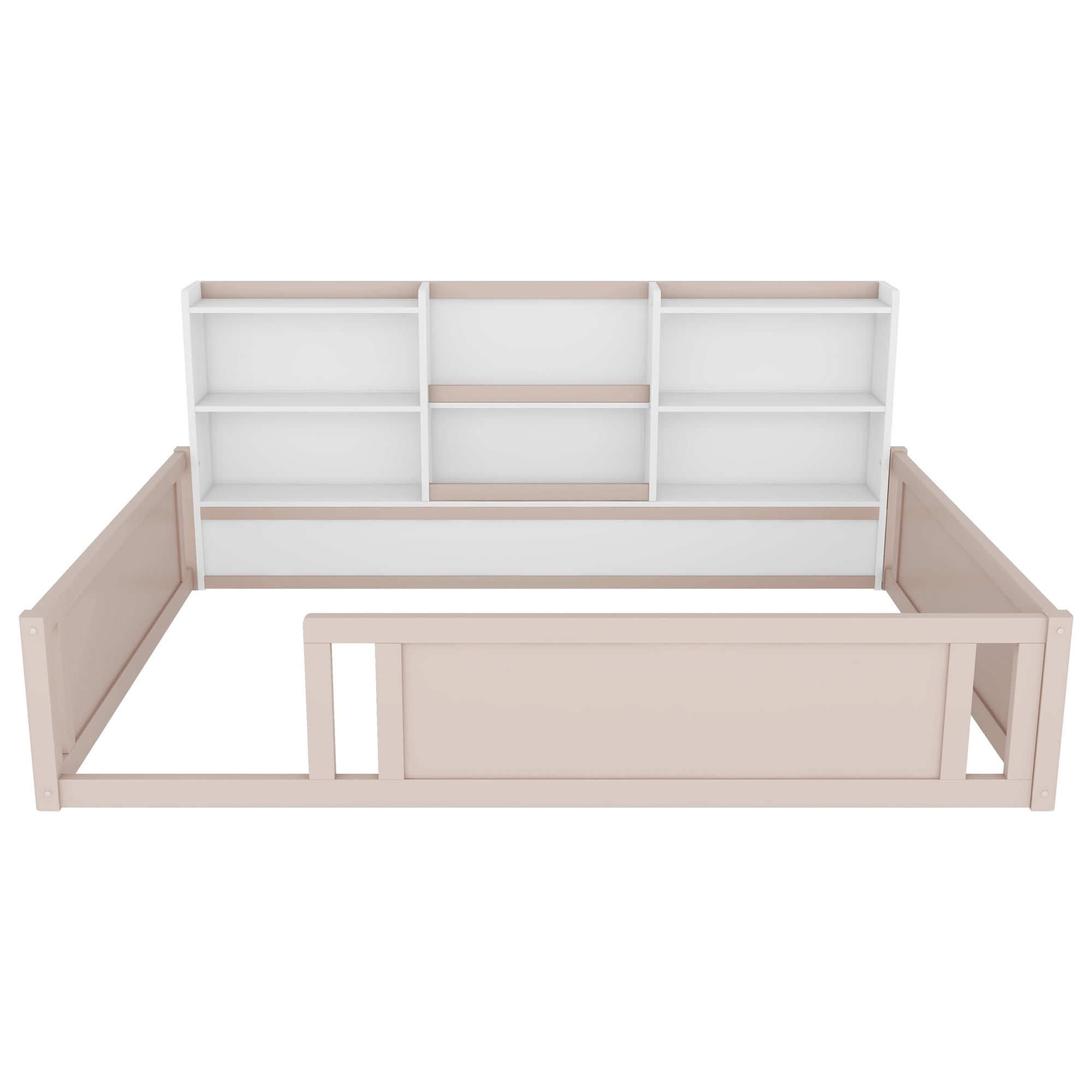 Mintazer Full Size Montessori Floor Bed with Bookcase Headboard & Guardrails, Kids Platform Bed Frame with 6 Cubby Storage Shelves for Bedroom, White & Natural
