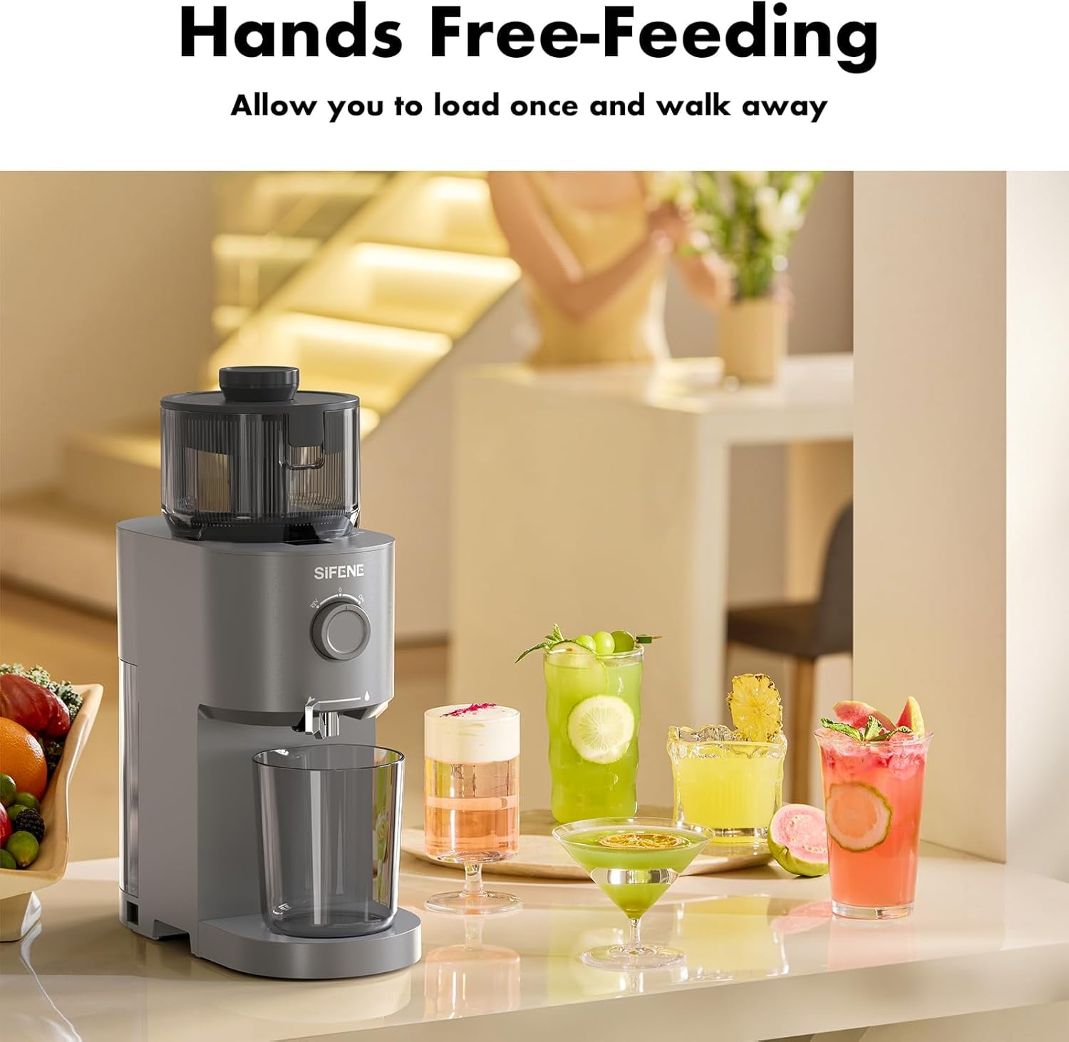 Cold Press Juicer Machine, SIFENE Slow Masticating Juice Extractor with 5.2" Wide Feed Chute (Some Fruits Require Cutting/Pitting), BPA-Free, Quiet Operation, Easy Clean, High Juice Yield, Juicer for