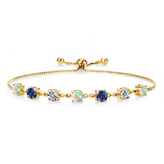 Gem Stone King 2.71 Ct Round Cabochon White Simulated Opal Blue Created Sapphire 18K Yellow Gold Plated Silver Lab Grown Diamond Tennis Bracelet for Women (Fully Adjustable up to 9 inch)