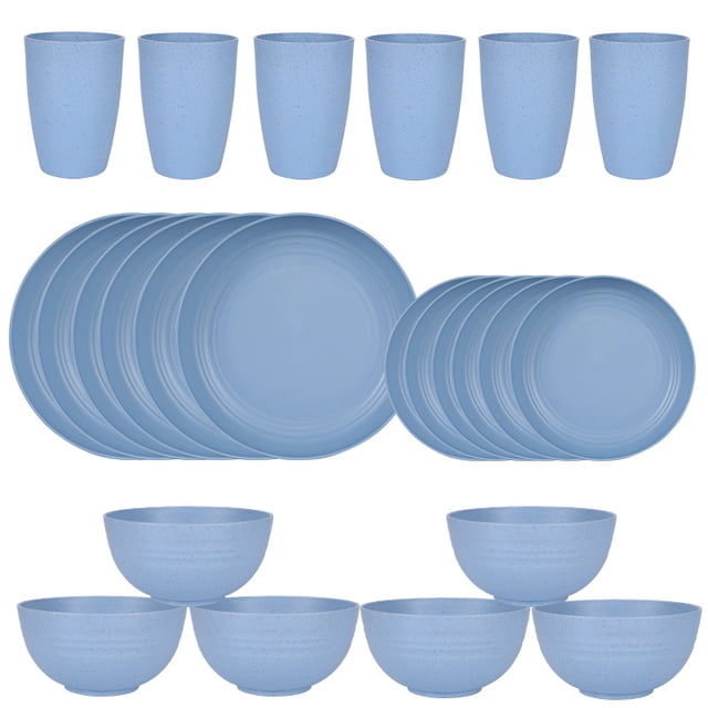 Nvzi 24pcs Wheat Straw Dinnerware Set,Plates and Bowls Set,Camping Dish Set for 6, Plastic Dinnerware Set,Dishwasher Safe Dinnerware Set,Blue