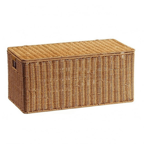 Lazsy Woven Basket Rattan Storage Box Organizer Reinforced Iron Frame with Lid Stackable for Bedroom Living Room Closet Use