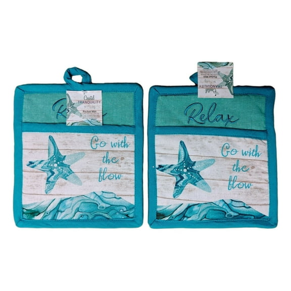 Set of 2 RELAX, GO WITH THE FLOW Coastal Tranquility Potholders, by Kay Dee