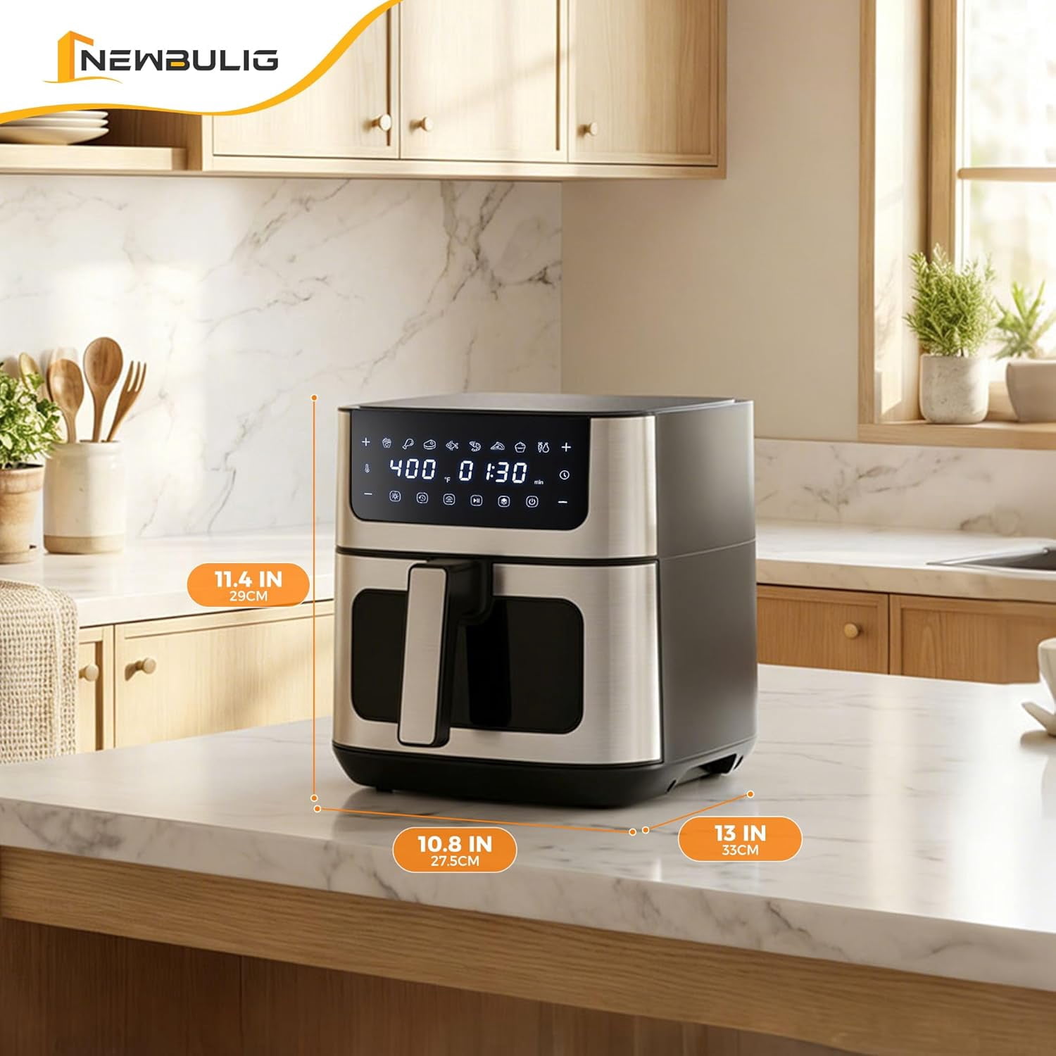 Air Fryer 6.34QT, Airfryer with Visible Window, 400 ℉ Fast Heating Air Fryers Oven with Nonstick and Dishwasher-Safe Basket, 8-in-1 Cooking Preset, Timer，Auto-Off, Stainless Steel, White