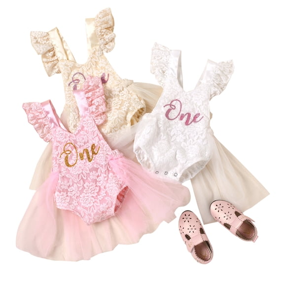 Baby Girls First Birthday Lace Romper Dress One Glitter Print Tulle Tutu Summer Outfit