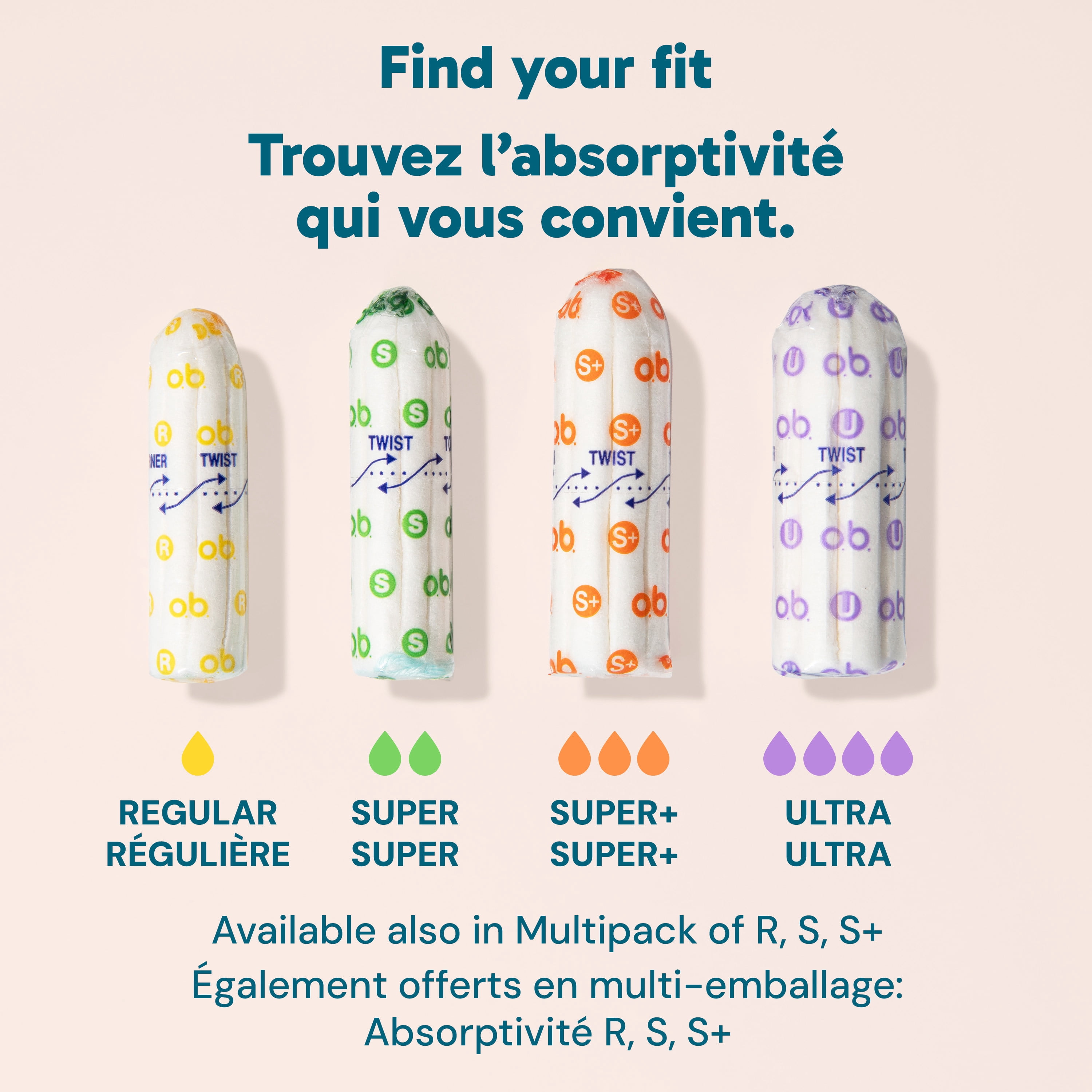 Multi-emballage de tampons o.b. originaux sans applicateur à absorptivité régulière, super et super plus