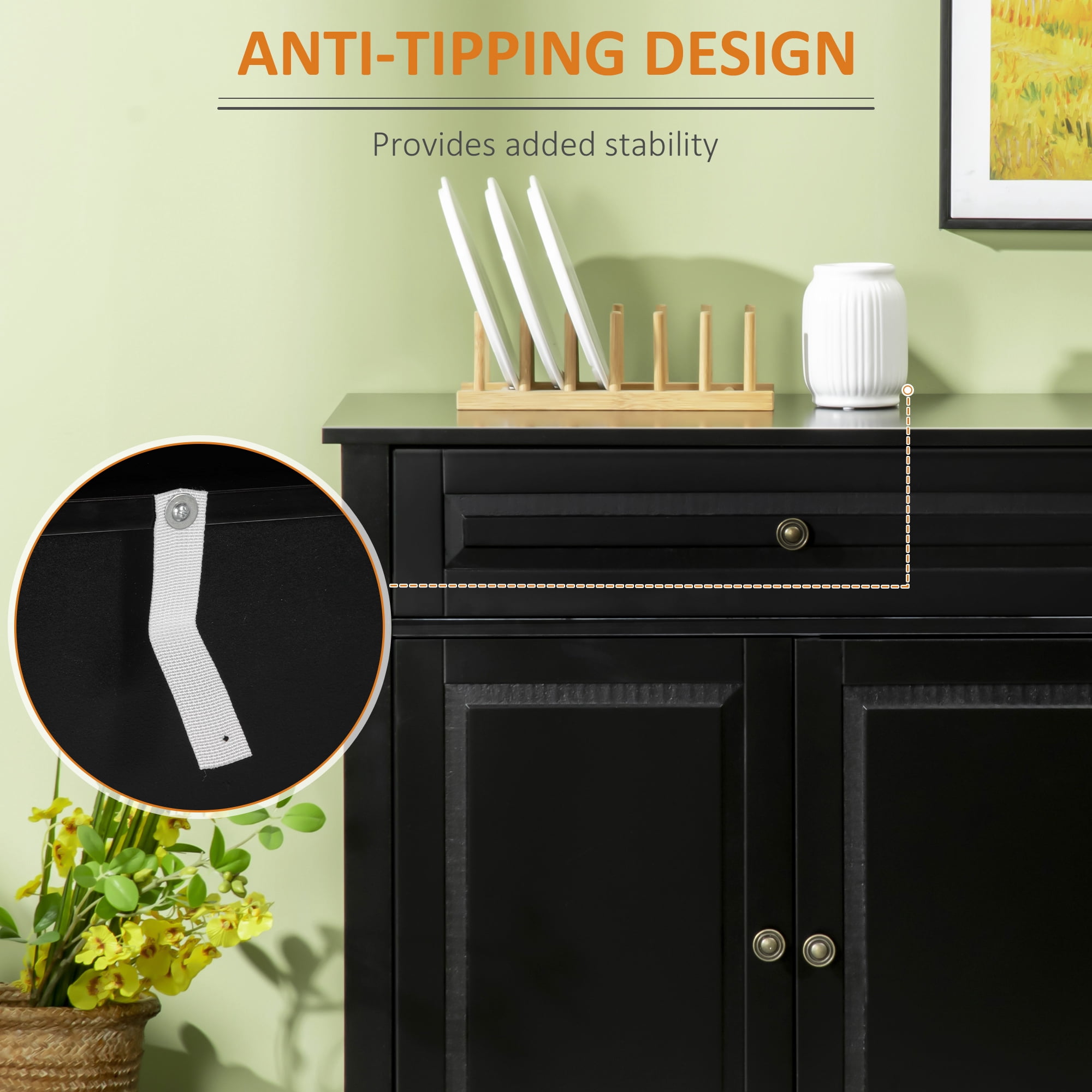 HOQBN Sideboard Buffet Cabinet, Modern Accent Cabinet with 2 Drawers and Adjustable Shelves for Kitchen and Living Room Black