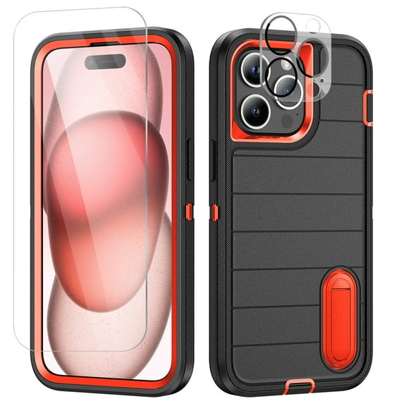 SaniMore for iPhone 15 Pro Hybird Case, [Tempered Glass Screen Protector] Rugged PC Back Shockproof TPU Shell Hidden Kickstand Drop Resistant Anti-slip Heavy Duty Protective Cover, A-Black/Orange