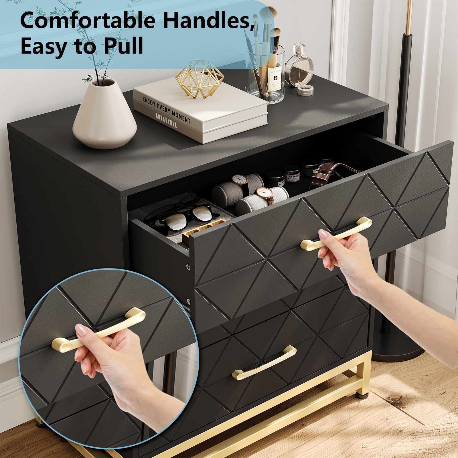 M optimized 3 Drawer Dresser for Bedroom, Modern Wood Dressers Chest of Drawers with Storage, Nightstand with Metal Handles