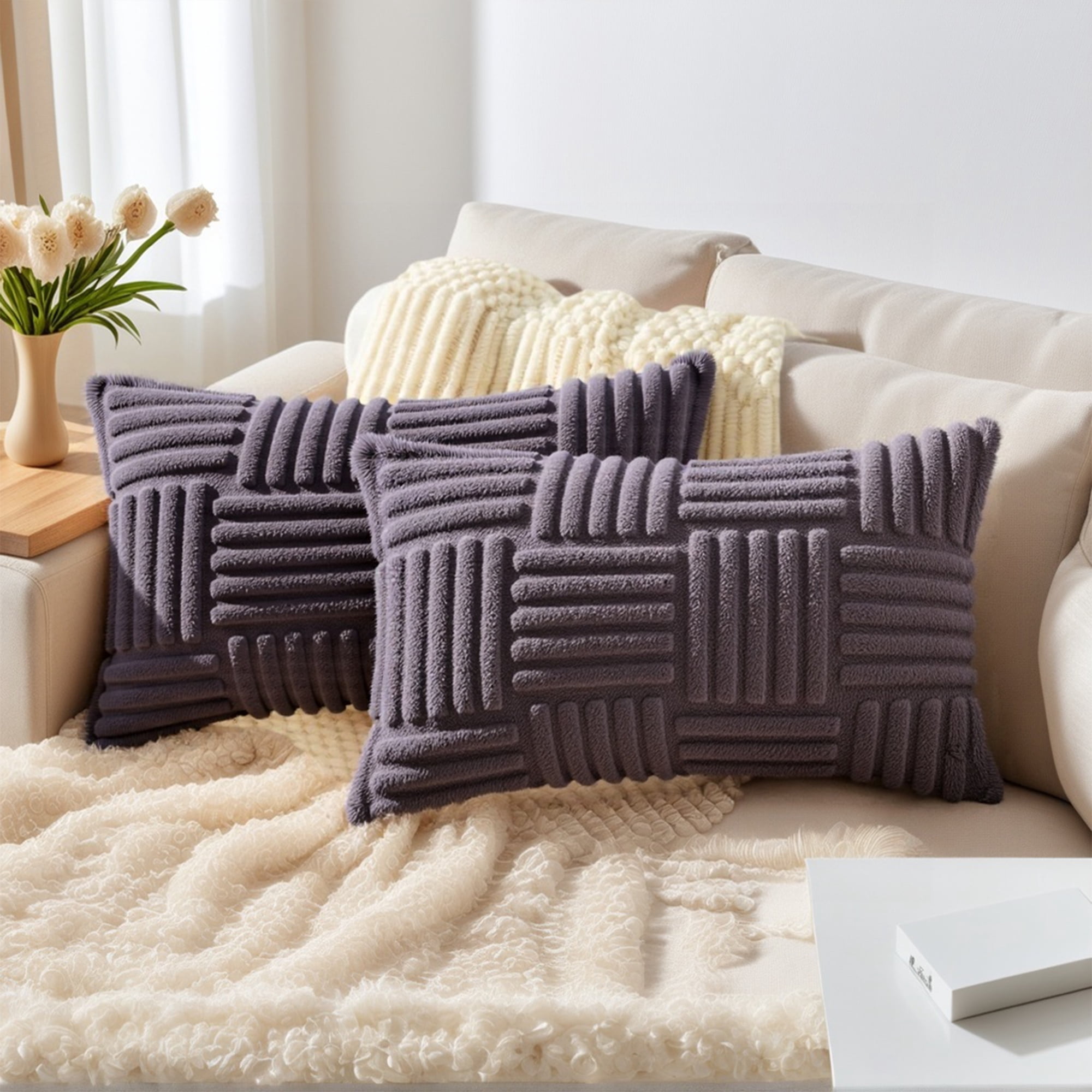 Unique Bargains Set of 2 Striped Soft Decorative Couch Pillow Cases Grey 12" x 20"