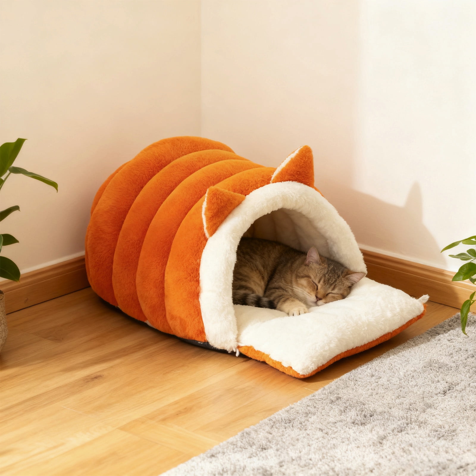 Washable Cat Bed, Warm Plush Non-Slip Semi-Enclosed Kitten Bed Cat Furniture, Pet Sleeping Bed for Cold Weather Indoor Living Room Home Decor for Cats and Small Dogs