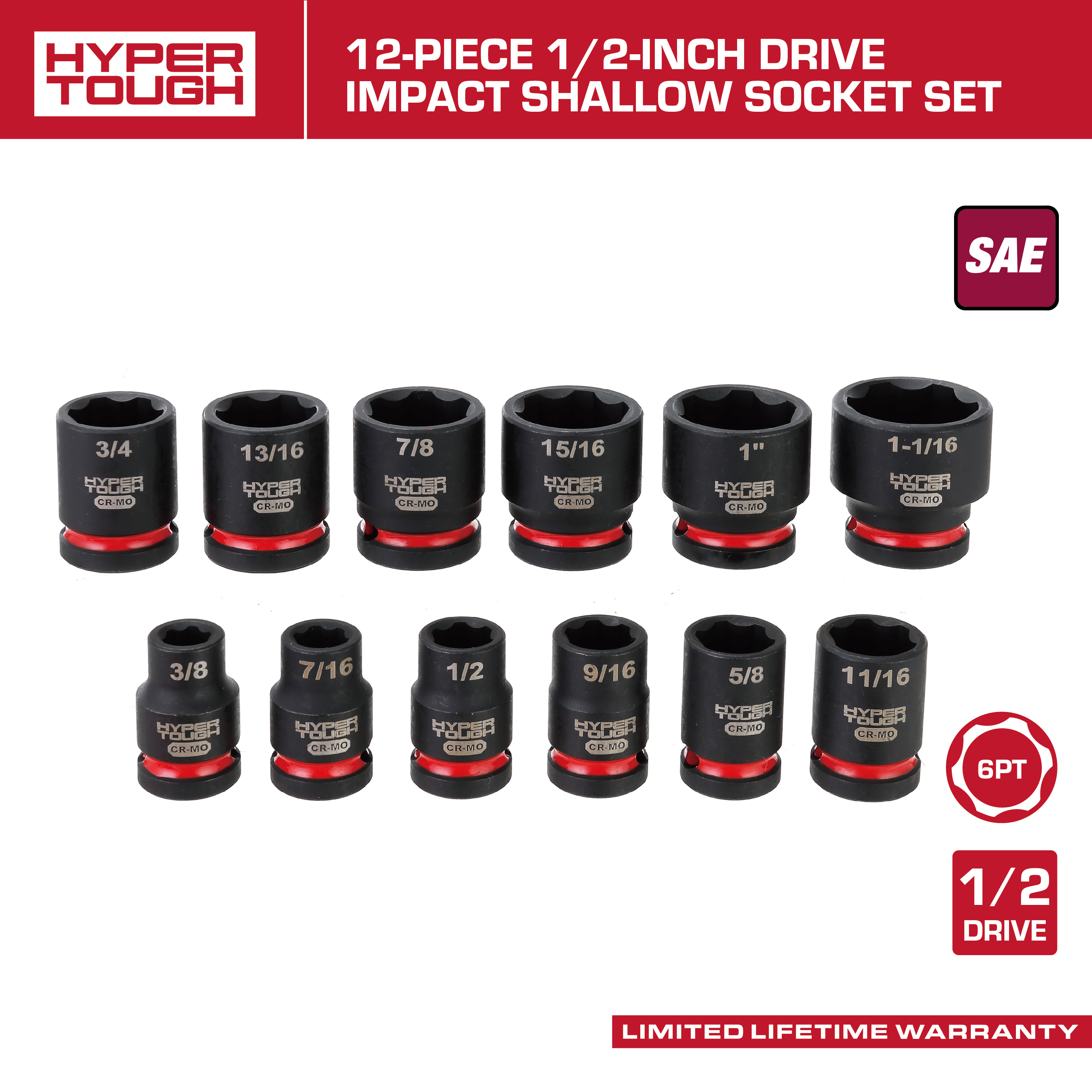 Hyper Tough Juego de dados de impacto poco profundos de 1/2 pulgada, SAE, 12 piezas 2