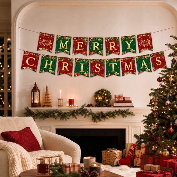 Merry Christmas Letter Pennant Bunting, Premium Paper Pre-strung Hanging Flags, 16 Swallowtail Letter Pennants, for Mantel & Wall Party Decor