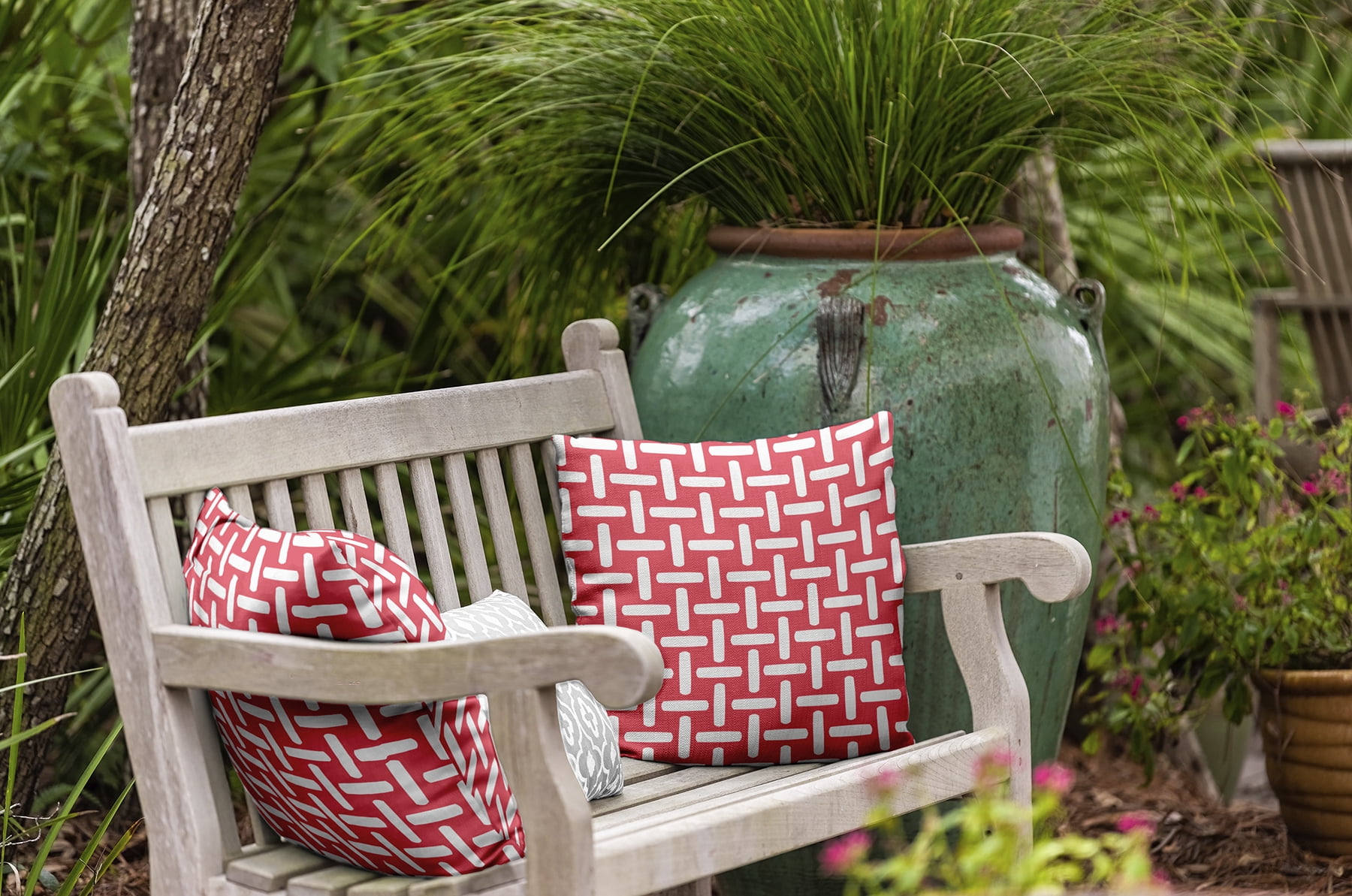 Simply Daisy 16" x 16" Geometric Decorative Outdoor Pillow, Pink|Orange (1 count)