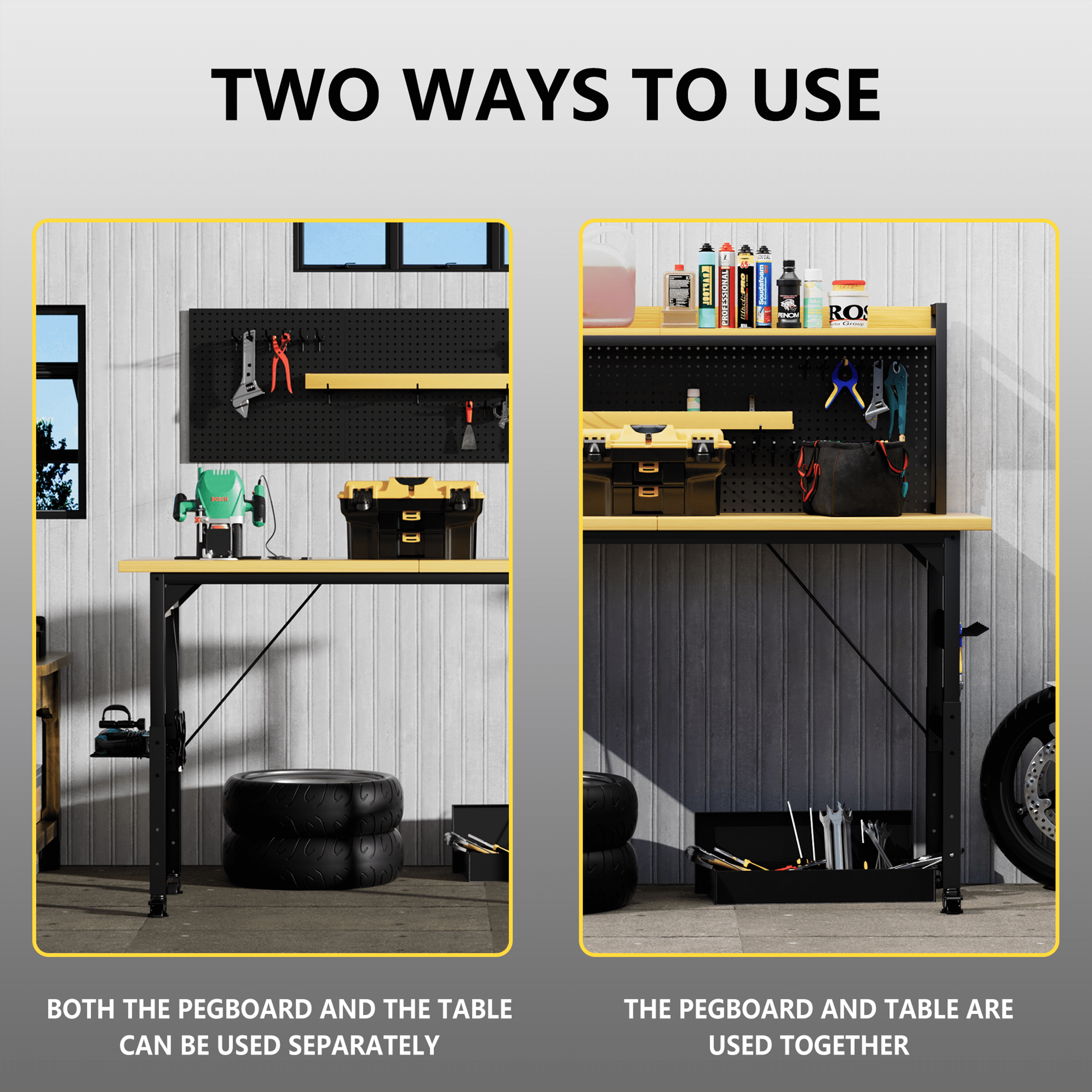 71" Adjustable Workbench with Pegboard, Heavy Duty Wooden Desktop Workbench with Wheels, 1600 lb. Load Capacity, Rolling Workbench with AC/USB Outlet,Hooks,Shelf for Garage,Workshop,Office,Home