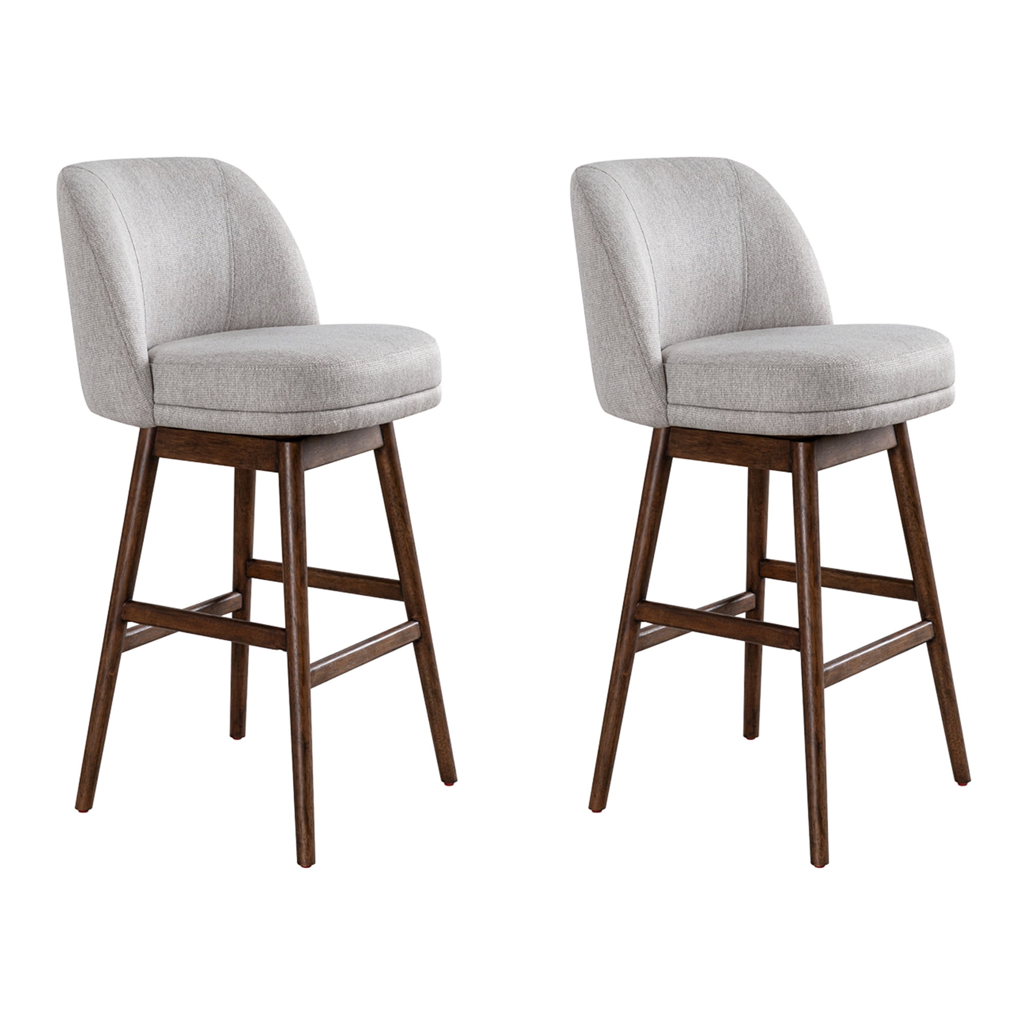 Sadie Brown Solid Wood Upholstered 30" Bar Height Swivel Barstool with Taupe Fabric Seat - Set of 2