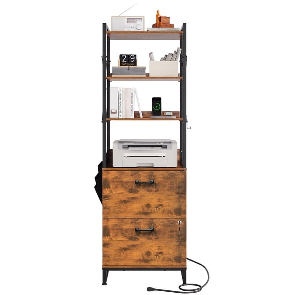 GALAXHERO Tall File Cabinet with Charging Station, 2 Drawer Filling Cabinet with Lock, Fits Letter/A4/Legal Size, Printer Stand & Adjustable Shelves for Home Office, Rustic Brown
