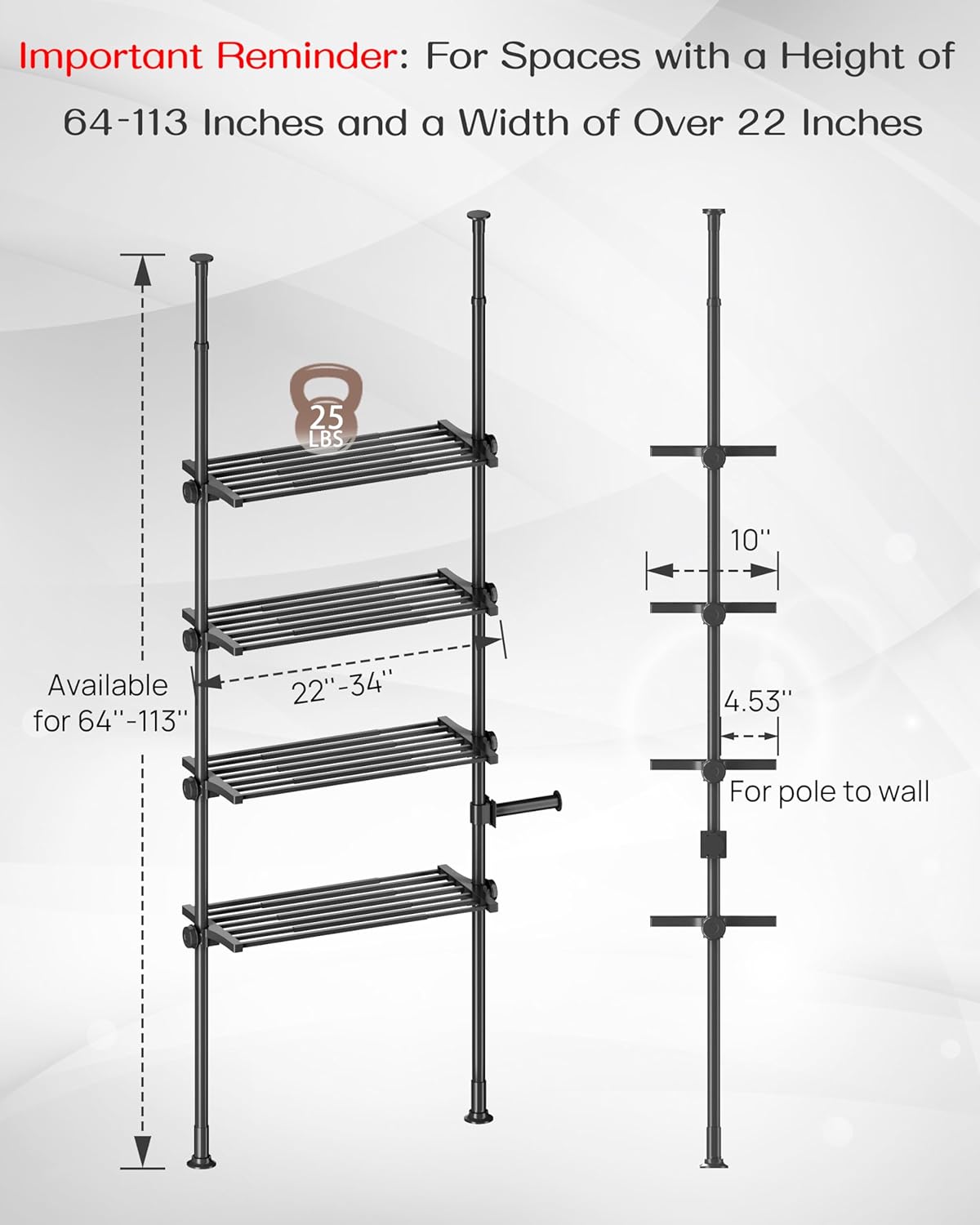 Adjustable Over The Toilet Storage Shelf, 4-Tier Ample Over Toilet Bathroom Organizer and Storage,Tension Mounted Above Toilet Storage Cabinet for Versatility, Fits 64-113 Inch Heights, White