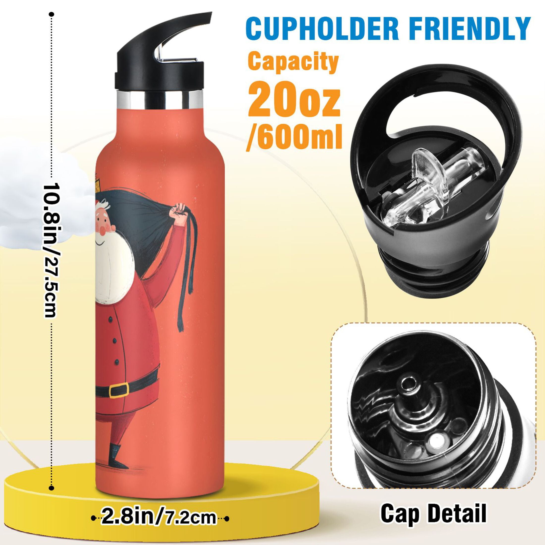 600ML Stainless Steel Insulated Cup Sports Water Bottle Portable Thermos Cup Water Glasses Insulated Tumblers Convenient and Durable Red Cartoon Santa Claus