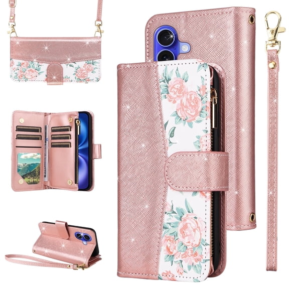 Furiet for iPhone 16 Plus 6.7 inch Floral Wallet Case with Flip Zipper Purse Wrist/Shoulder Strap, PU Leather Card Holder Stand Accessories Phone Cover for i Phone16 16 i16 16Plus Women Rose Gold