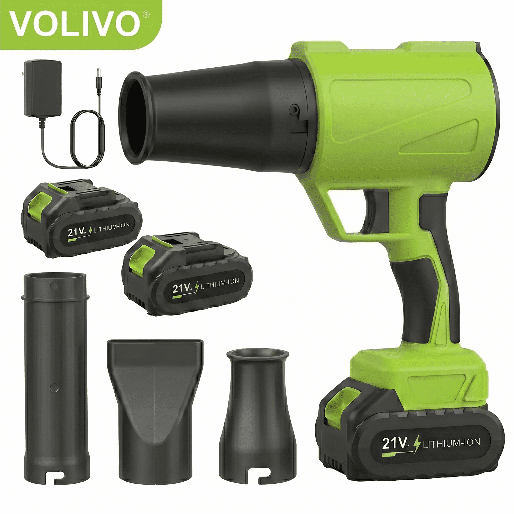 Volivo Cordless Leaf Blowers Green, 388 Cfm 30,000 Rpm Snow Blowers with 2 x 2.4Ah Batteries & Fast Charger, Portable Lightweight for Yard, Lawn, Leaves, Patio