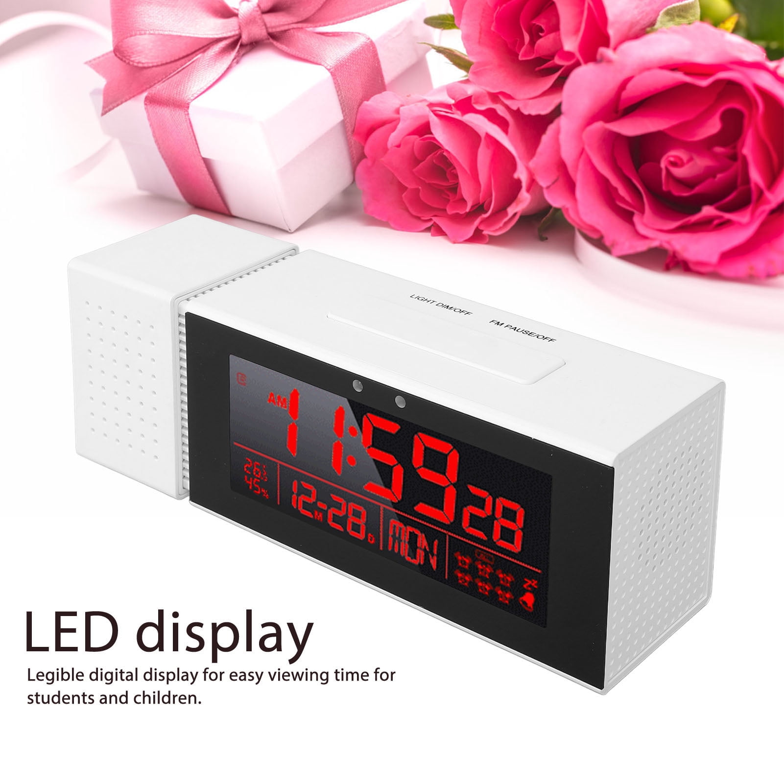 Riousery LED Digital Clock Human Motion Sensor Night Light Electronic Alarm Clock for Kids Students Multifunctional Temp Humidity White 7.48 in / 19 cm