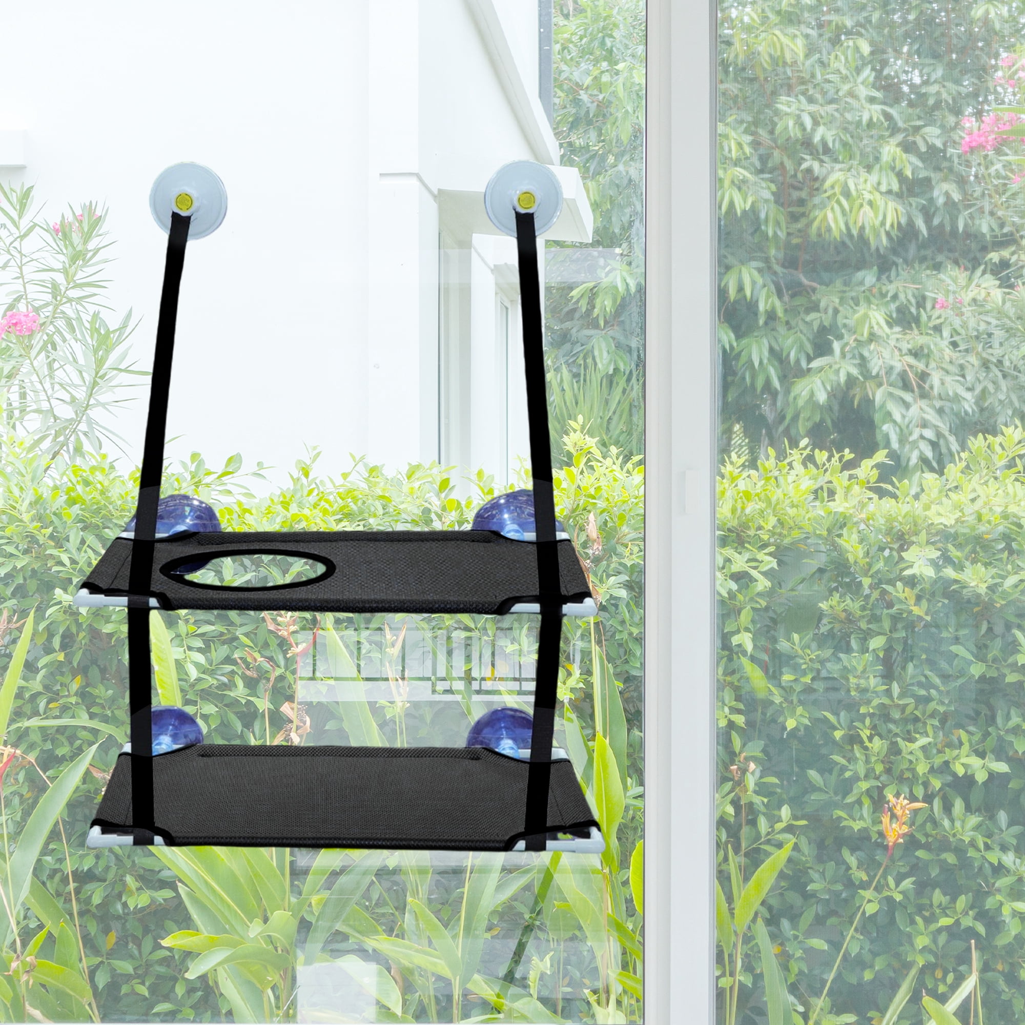 Unique Bargains Unique Bargains Cat Window Perch Double-Layer Cat Hammock Cat Window Hammock Cat Window Bed with Two Scratching Posts 20.08"x12.2"x11.02" Black
