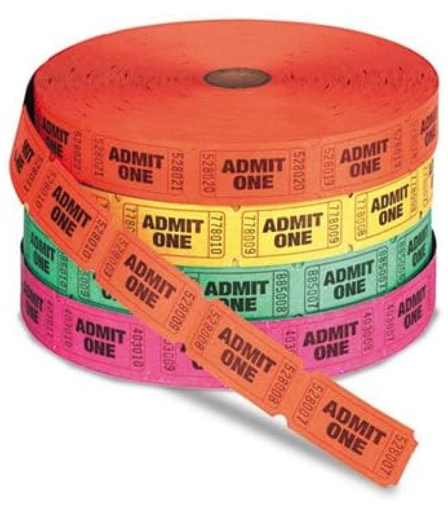 Unbranded Admit-One Single Ticket Rolls, Numbered, Assorted, 2000/Roll, 4-Pack