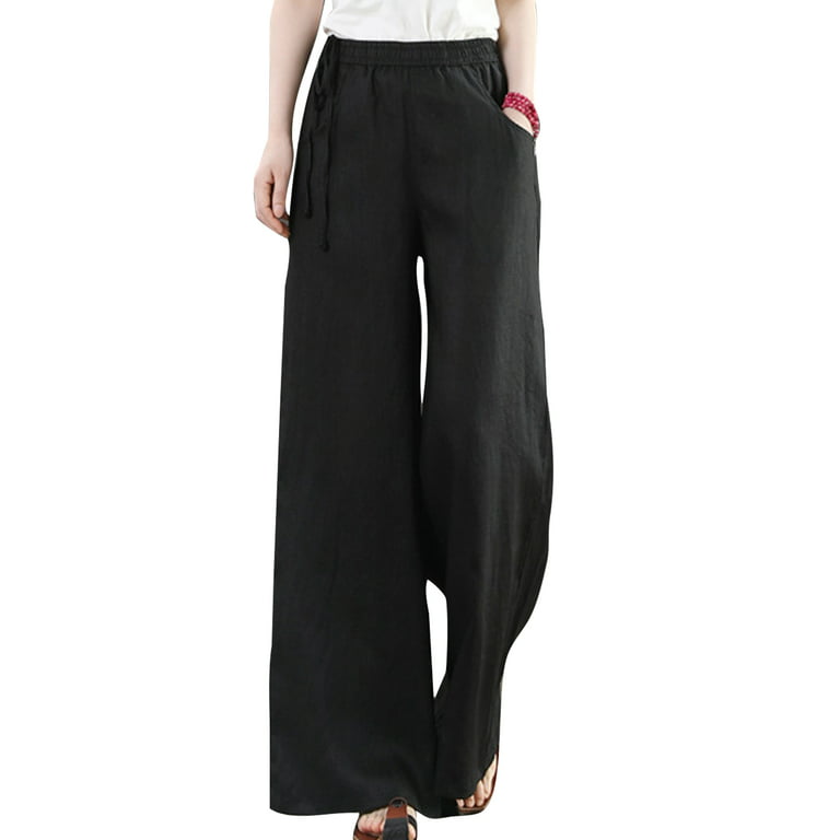 Frontwalk Womens Soft Palazzo Wide Leg Pant with Pockets High Waist Casual  Linen Pants With Belt Loose Flare Flowy Pants Bootcut Trouser Loungewear  Black M 