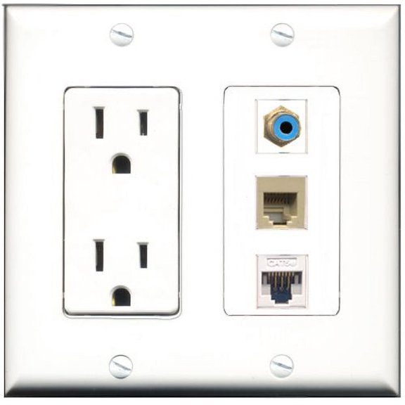 RiteAV - 15 Amp Power Outlet 1 Port RCA Blue 1 Port Phone Beige 1 Port Cat5e Ethernet White Decorative Wall Plate