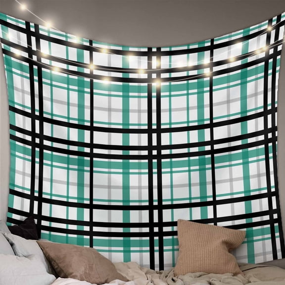 Teal Black Plaid Tapestry for Bedroom Wall Hanging Tapestry, Farmhouse Teal Black Checkered Ceiling Backdrop Tapestries Poster Blanket Wall Decor for Teens Room Living Room Dorm 59" x 90"