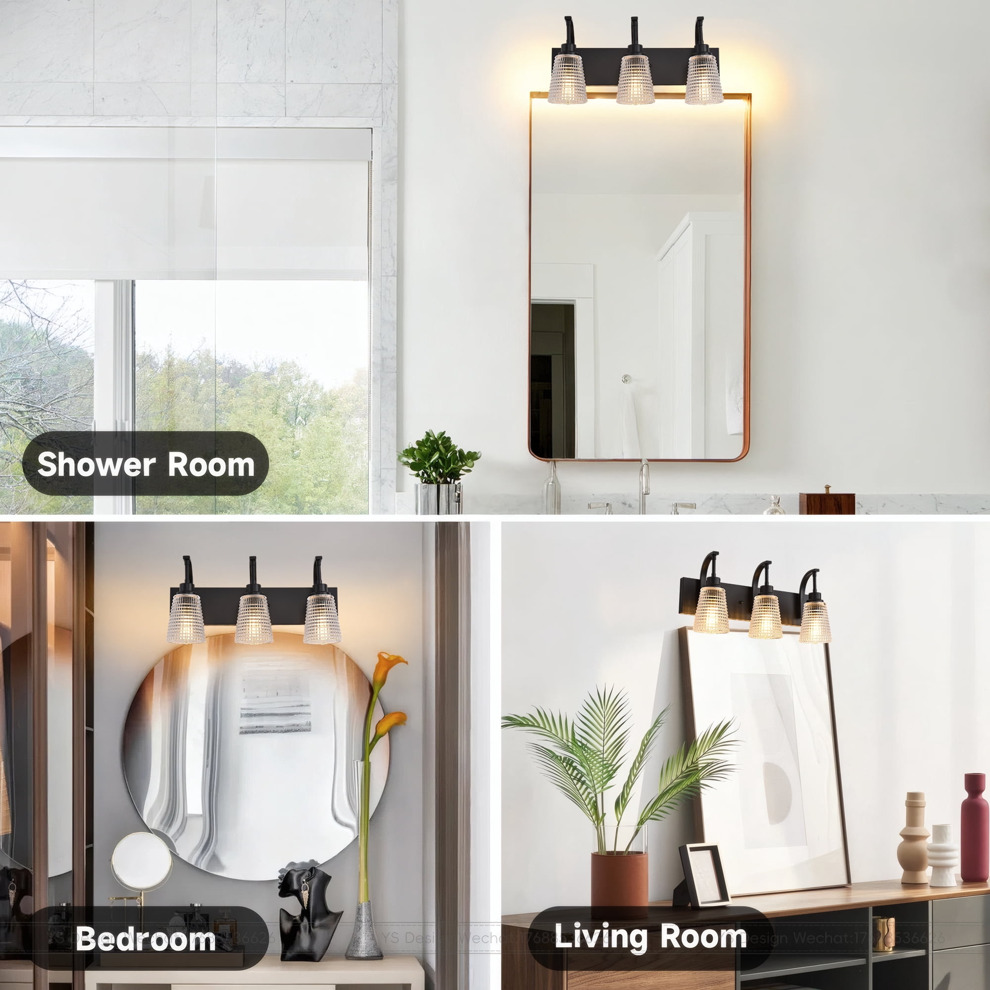 3-Light Matte Black Vanity Light, Modern Farmhouse Bathroom Light Fixture with Clear Rippled Glass Shades for Mirror, 20.86 Inch