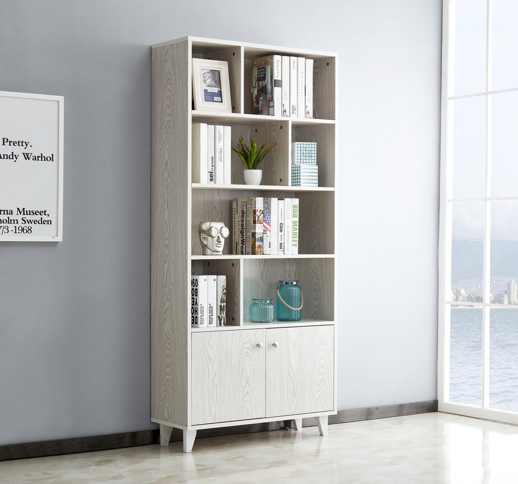 Private Jungle Modern Bookcase with 2 Doors 68" Tall Storage Wooden Bookshelf with 7 Compartments for Home Office,White Private Jungle Modern Bookcase with 2 Doors 68" Tall Storage Wooden Bookshelf with 7 Compartments for Home Office,White
