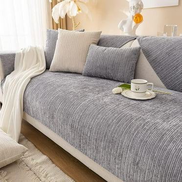Zhuge Soft Chenille Sofa Couch Cover Solid Color Striped Weave Textured Sectional Couch Covers Washable Anti-Slip Sofa Slipcover for Dogs Pet, 1 Piece/Not All Set (Grey,27"x27")