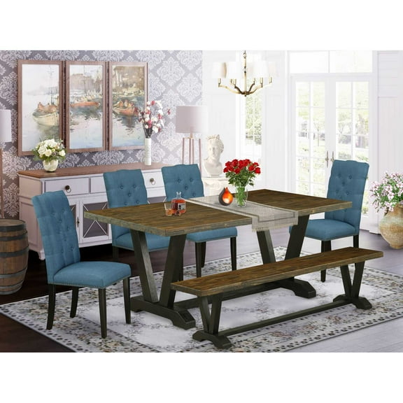 East West Furniture V677EL121-6 6-Piece Gorgeous Modern Dining Table Set a Good Distressed Jacobean Rectangular Dining Table Top and Distressed Jacobean Indoor Bench and 4 Lovely Linen Fabric...