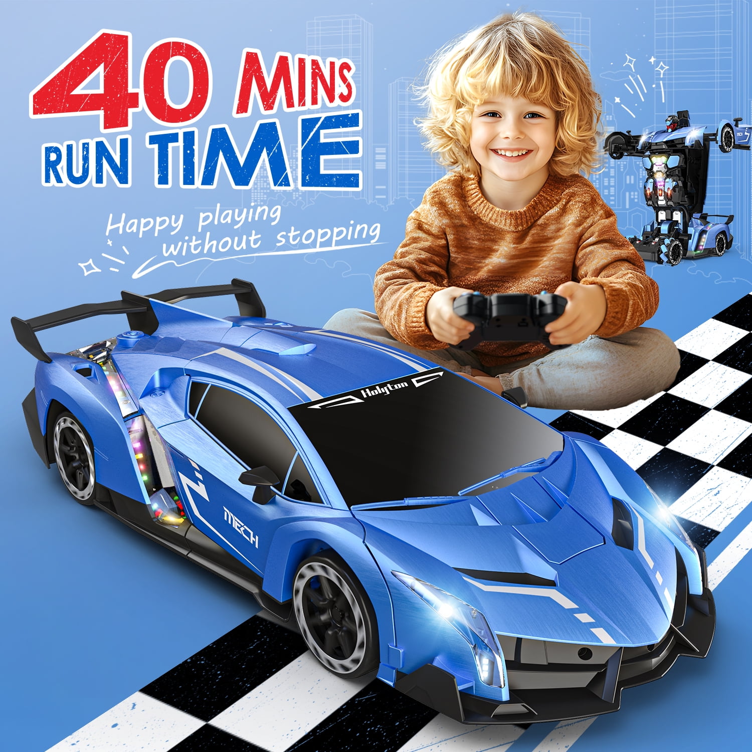 1:10 Big Size Transform RC Car for Kids, Gesture Sensing, One-Button Robot, LED Lights, Music & Fog Spray, Ages 5-12