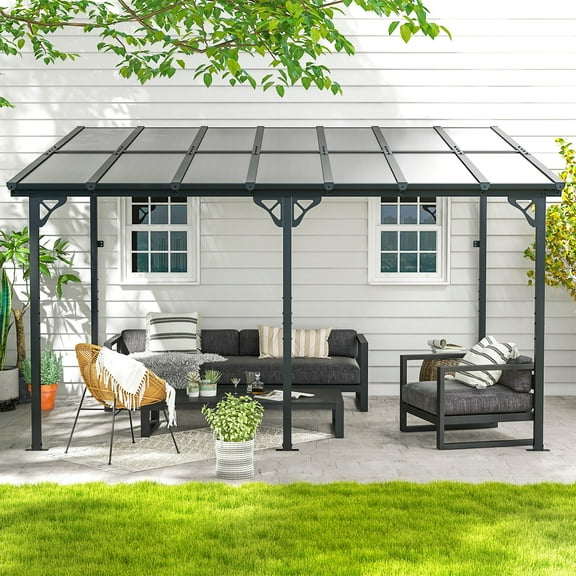 JolyDale 10’x 14’ Hardtop Gazebo, Outdoor Wall-mounted Pergola for Garden, Patio, Backyard, Gray