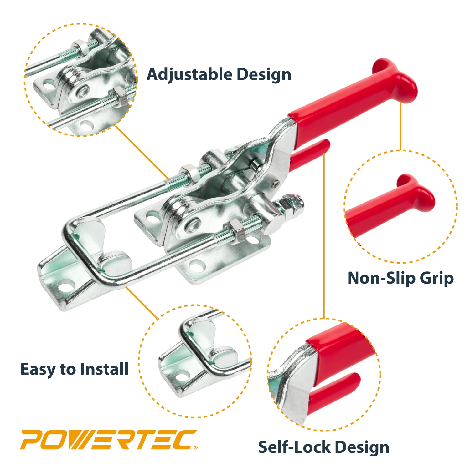 POWERTEC 4PK Toggle Clamp, 2000 lbs Capacity, 40341 Self-Lock U-Bolt Adjustable Latch w/Antislip Hand Grip for Woodworking Jigs & Fixtures, Smoker, Tool Box, Cabinet (20340-P2)