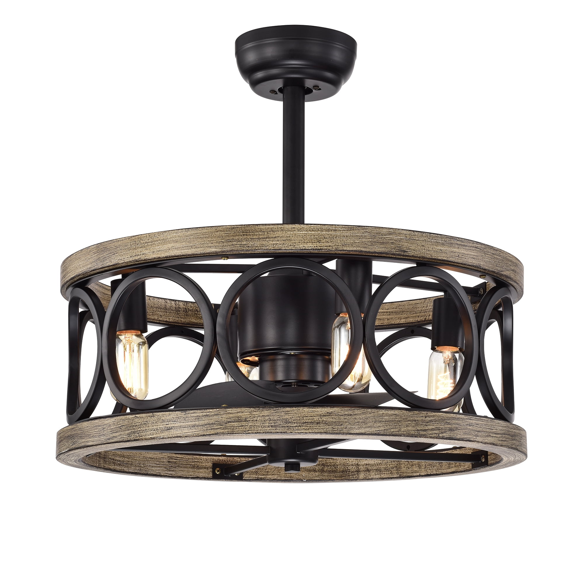 Catrin Matte Black+Imitation Wood Grain 21-Inch 4-Light Open Metal Drum Shade Fandelier