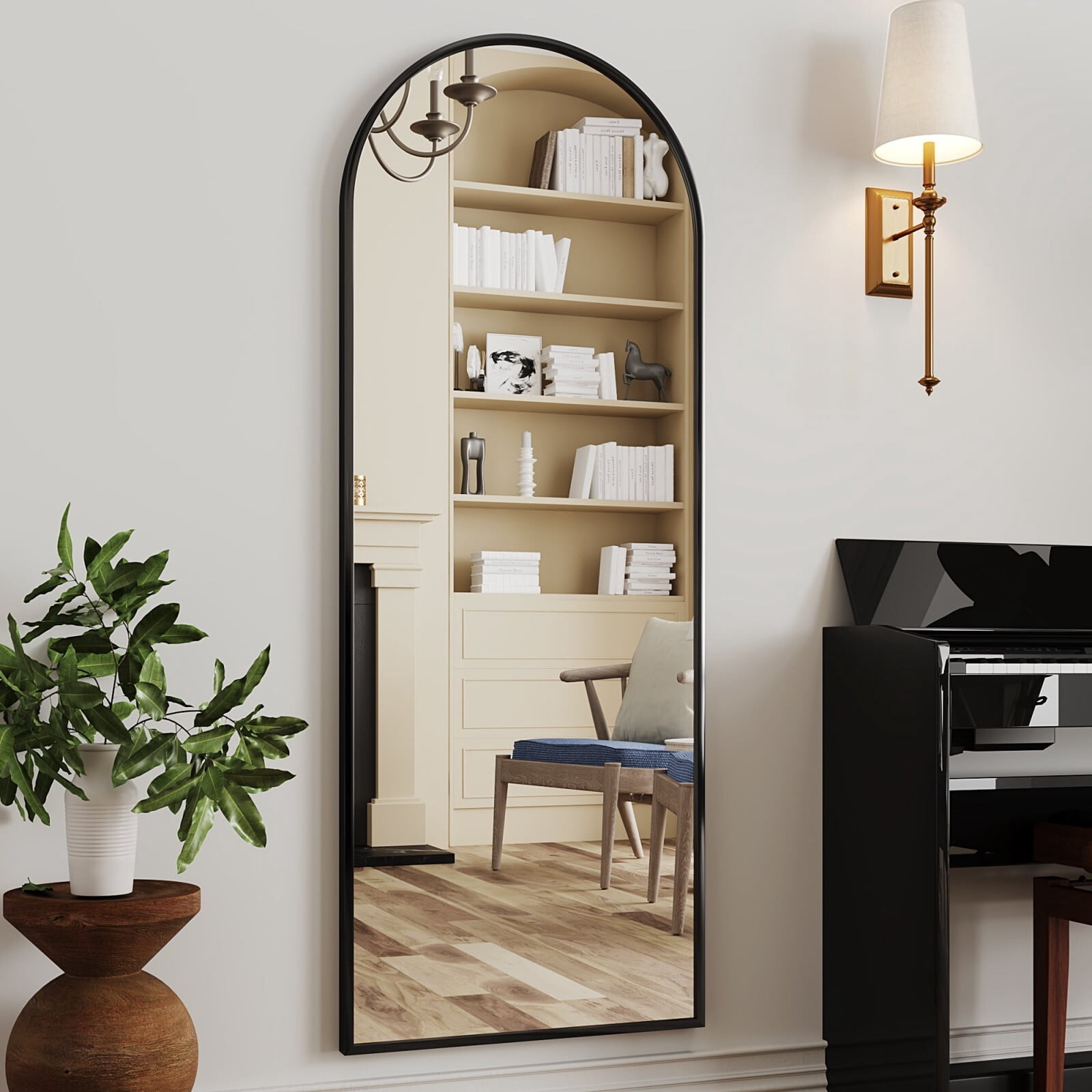 Mirrasia 21"x56" Arched Full Length Mirror, Modern Standing Mirror Floor Mirror, Black