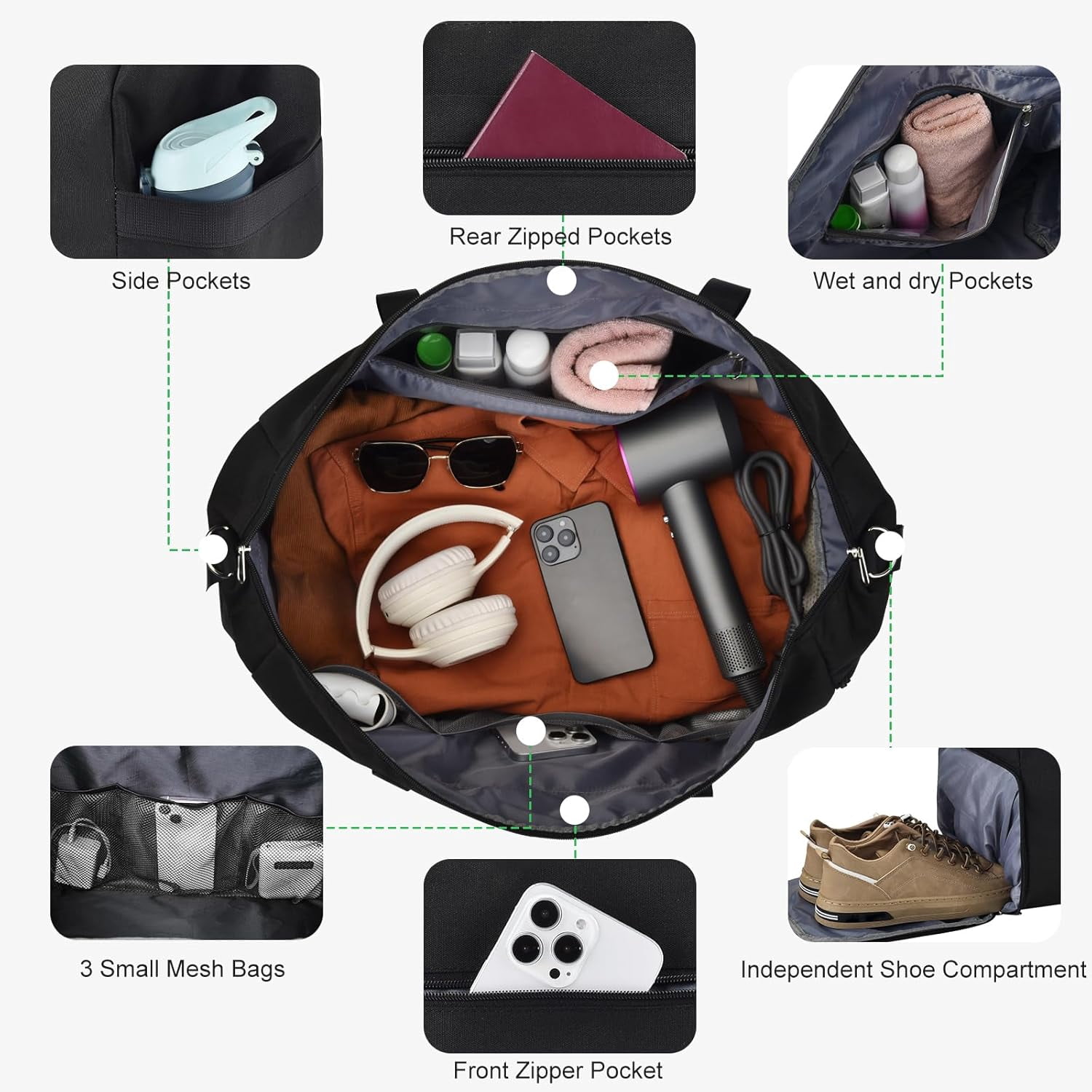 Carry  luaggage 22x14x9 Airlines Approved, Foldable Travel Duffel Bags Weekender Overnight Carry  Duffel Luggage Gym Duffle Bag with Wet Pocket & Shoe Compartment for Women Men(Black, 40L)