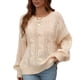 thumbnail image 1 of Jersey de manga larga abombada con cuello redondo para mujer, suéter holgado elegante de Color puro, suéter de punto con Cable hueco, color albaricoque XL, 1 of 6