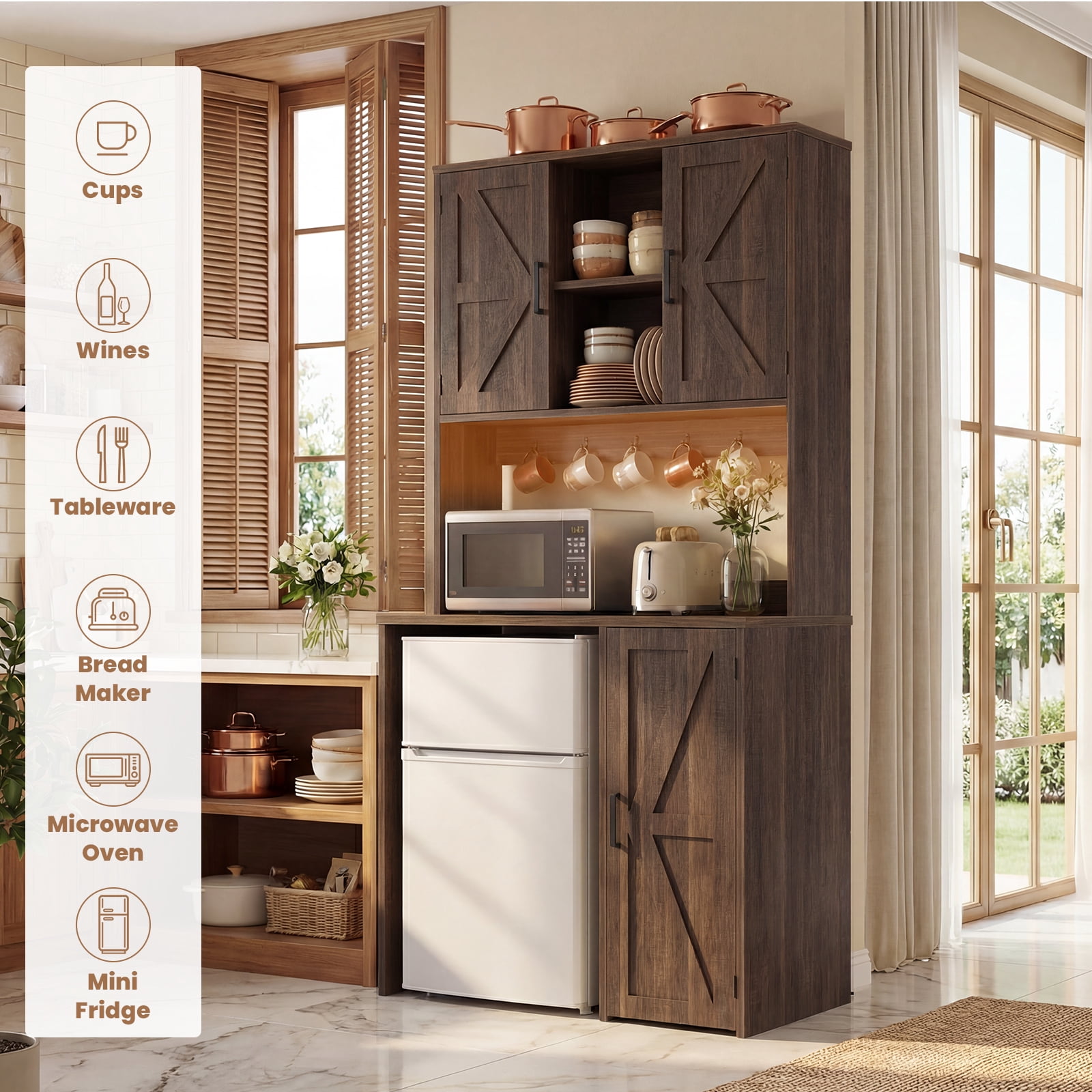 Aheaplus Multifunctional Mini Fridge Cabinet: Coffee Bar, Wine Stand & Beverage Station with Outlet, LED Light & Microwave Shelf, for Kitchen, Dorm, Office,Brown